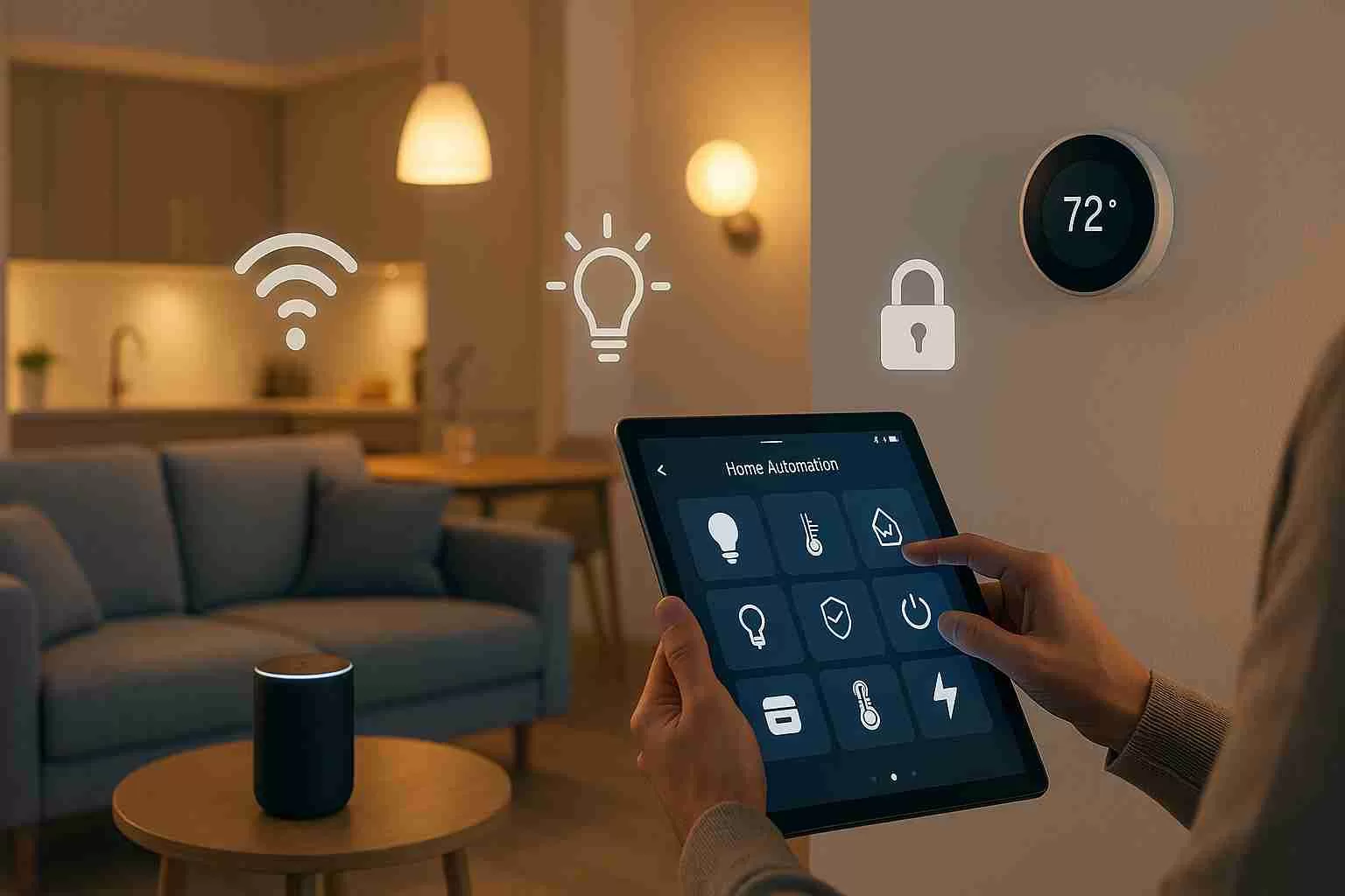 Tablet showing home automation app with smart lighting, heating, security and energy controls
