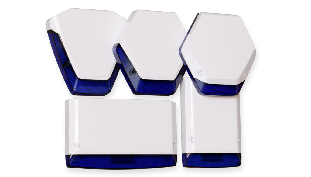 Group of Orisec external alarm sounders with white plastic and blue strobe lenses