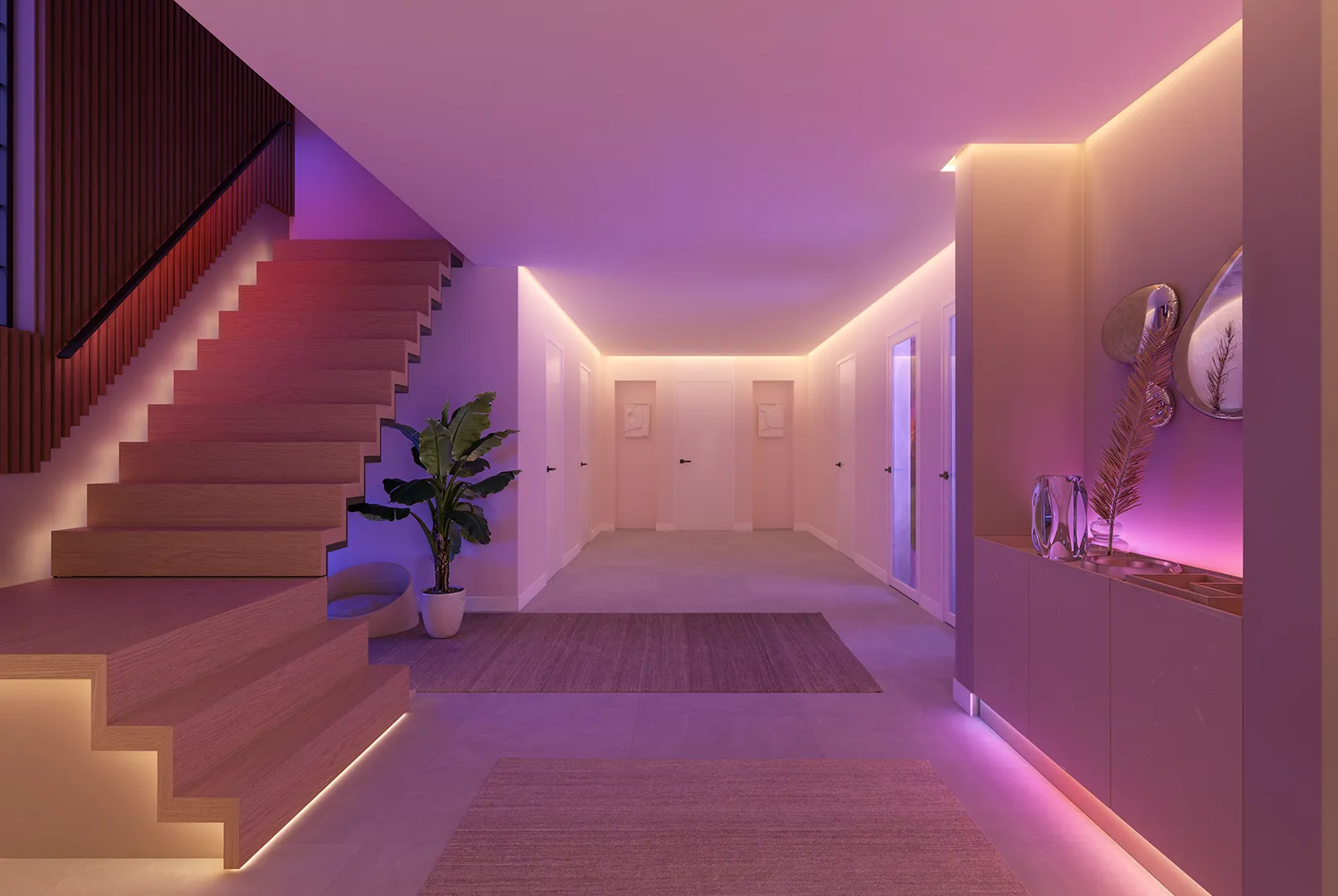 Philips Hue lightstrip lighting a hallway with pink and orange gradient