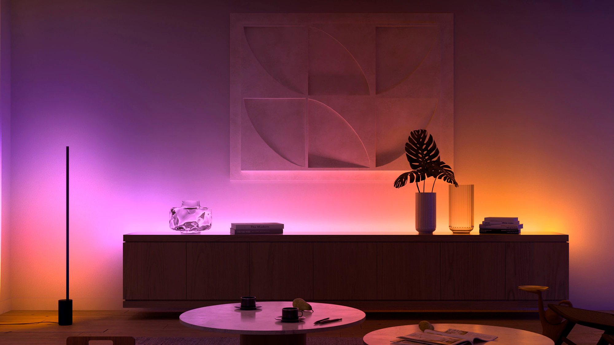 Philips Hue colour ambient lighting in a living room