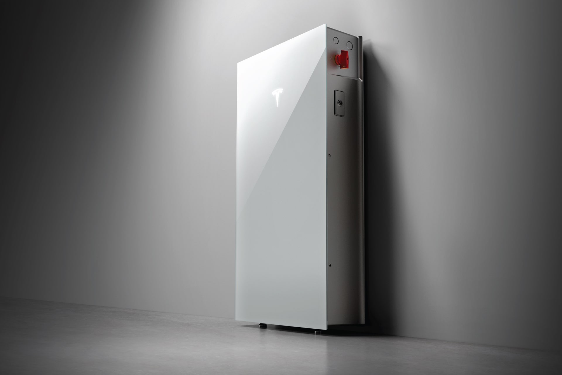 Tesla Powerwall 3 product close-up with red switch visible